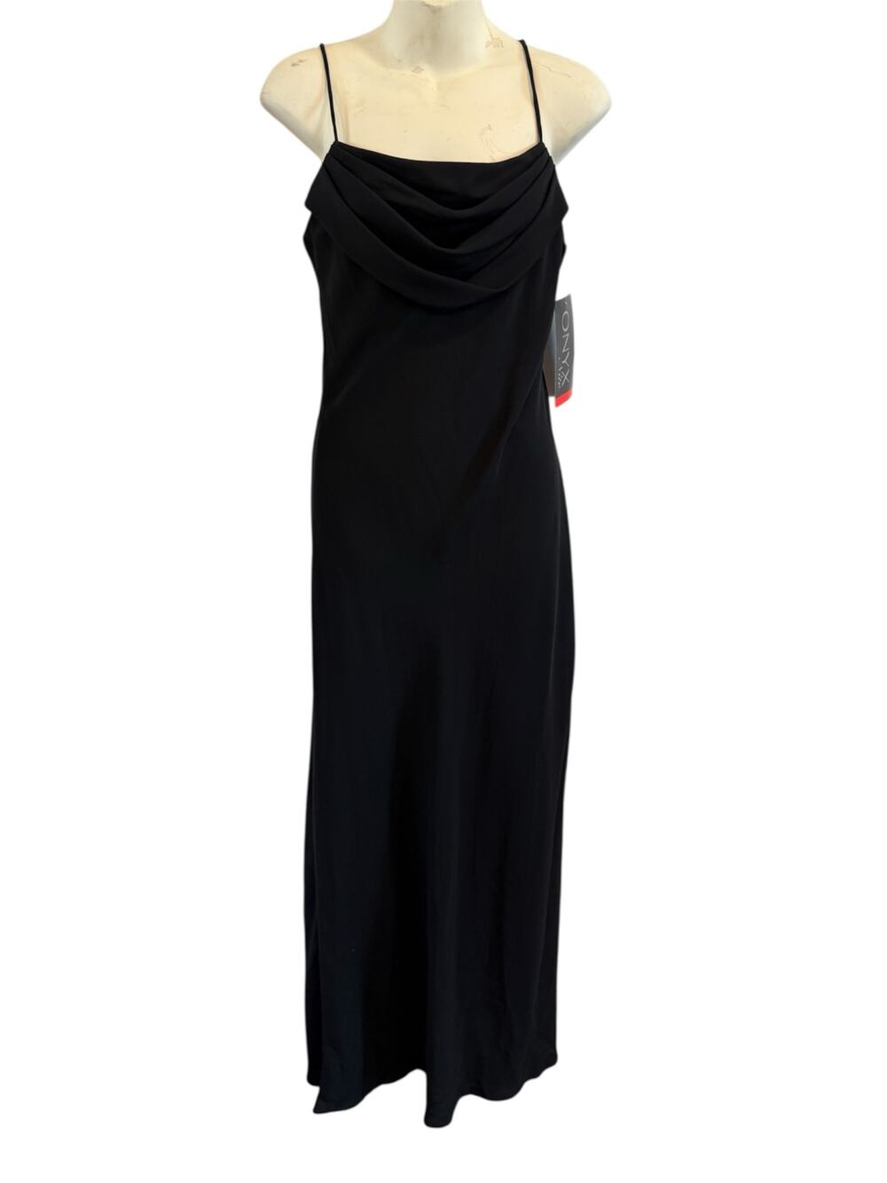 NWT Deadstock Vtg 90s Onyx Nite 8 USA Made Cowl Neck Black Slip Dress Prom LBD